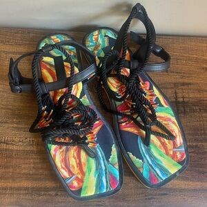 FARM RIO Floral Pietra Black Banana Beaded Flat Sandal size US 10, EU 42